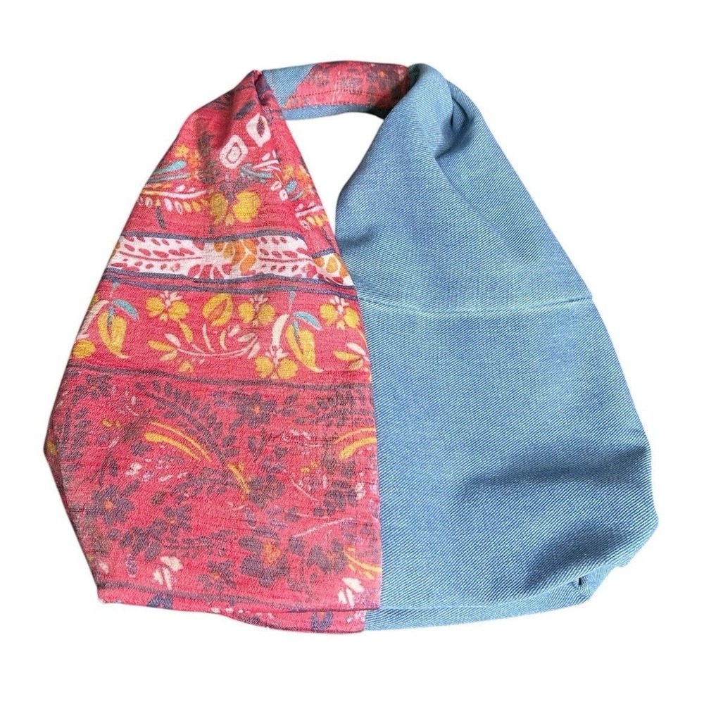 Upcycled Denim & Flowers Handmade Half & Half Boho Handbag Lined 13"x10"x4" New
